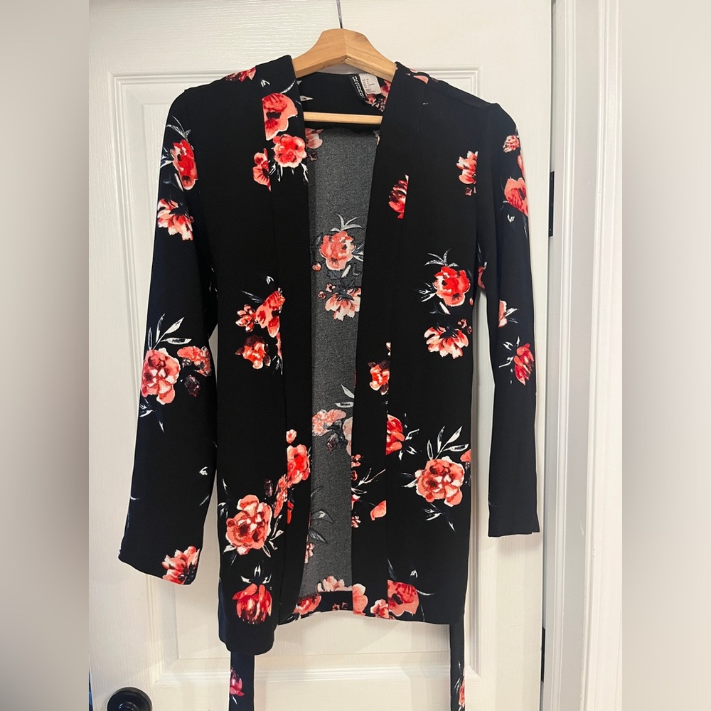 H&M Black Floral Blazer with Red Accents
